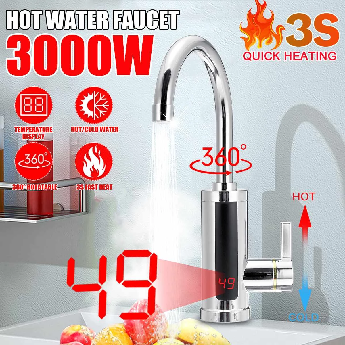 3000W 220V Electric Kitchen Water Heater Tap Instant Hot Water Faucet Heater Cold Heating Faucet Tankless